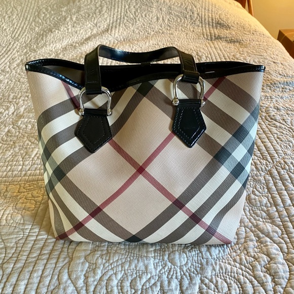 Burberry Handbags - Burberry Beige Nova Check Tote with Black Trim and Red Accents